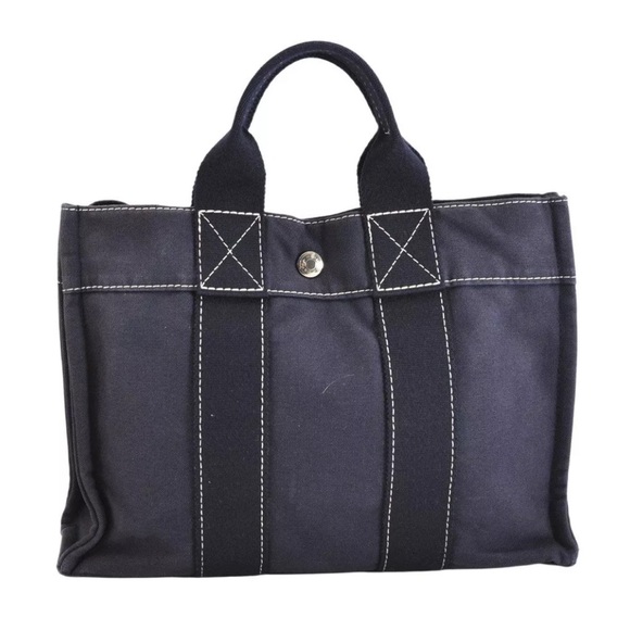 HERMES Vintage Deauville PM Hand Tote Bag Purse Canvas Navy Blue 3221M - Picture 2 of 16